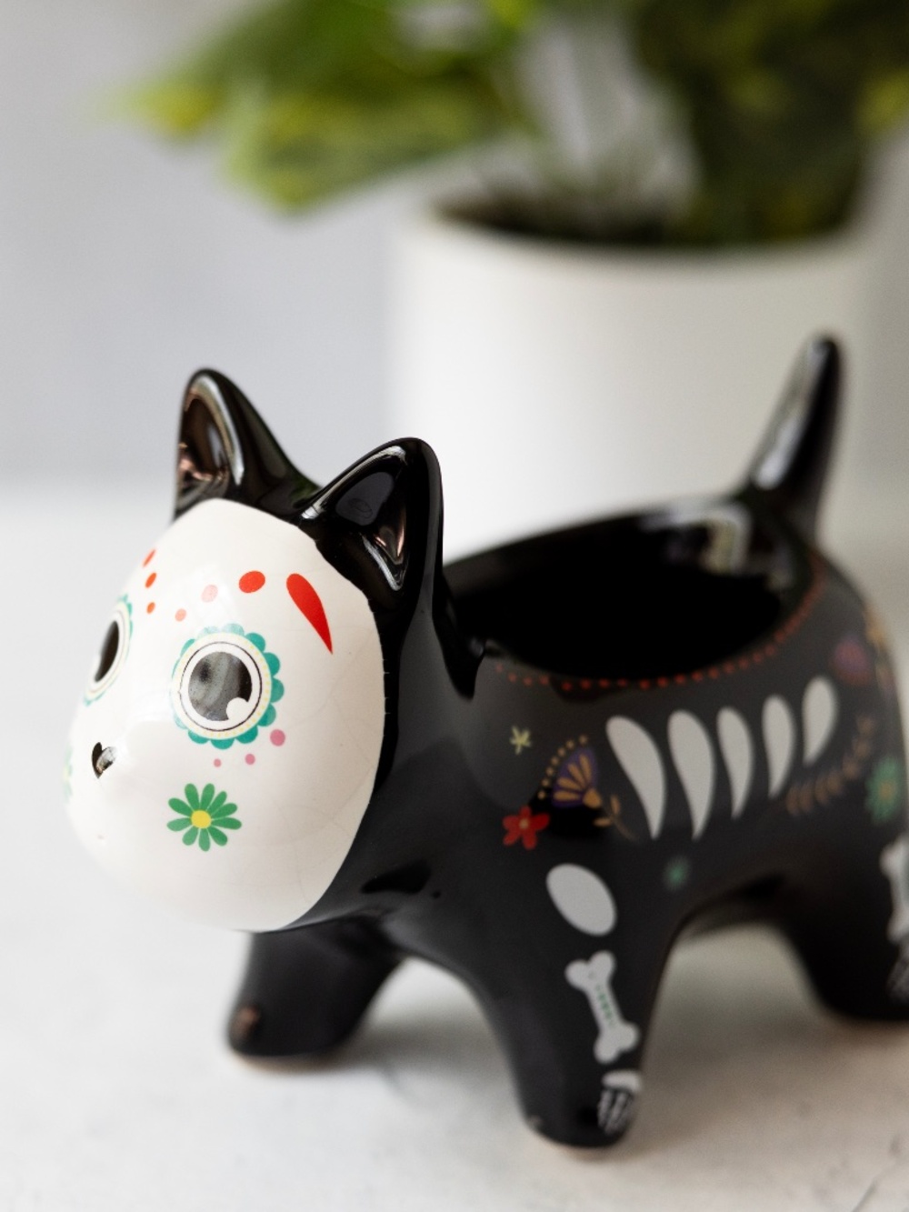 Day of the Dead Ceramic Black White Cat Skeleton Planter Dia de los Muertos